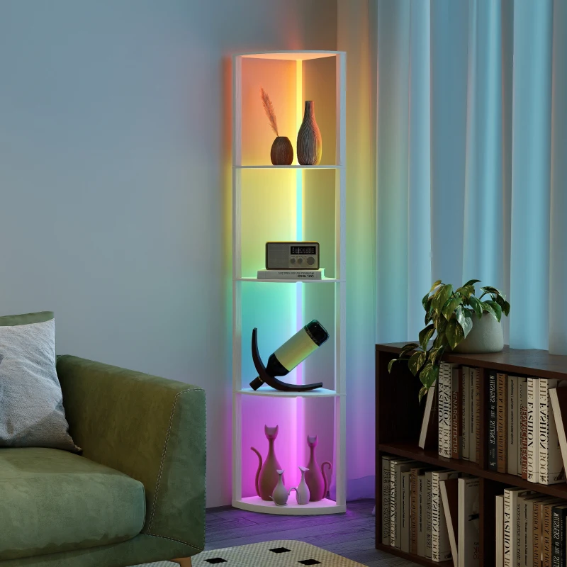 HOMCOM RGB LED Floor Lamp with Shelves, 5-Tier Dimmable Standing Lamp with Adjustable Brightness and Remote Control, Modern Corner Display Shelf Unit for Living Room Bedroom Office, Oak