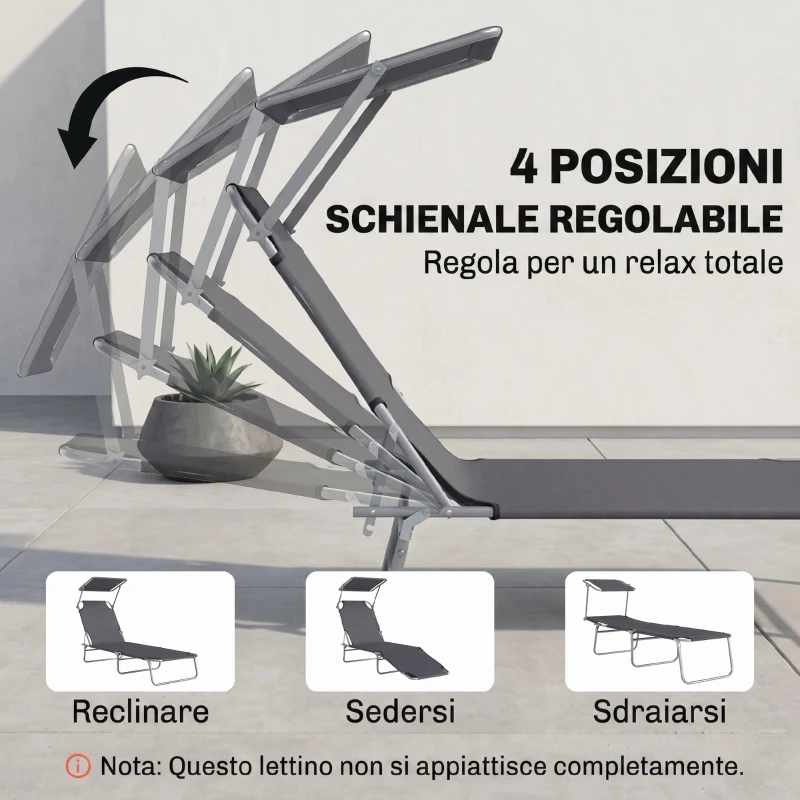 Outsunny Lettino Prendisole da Giardino, Sdraio Pieghevole e Regolabile con Tettuccio in Tessuto Grigio, 187x58x36cm