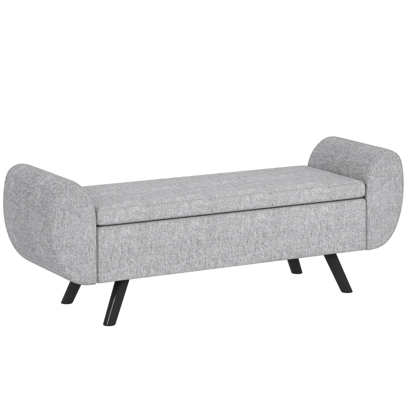 HOMCOM Storage Ottoman with Armrest, Upholstered Linen Storage Bench, Window Seat with Rubberwood Legs, Footstool for Bedroom Living Room, Hallway, Dark Grey