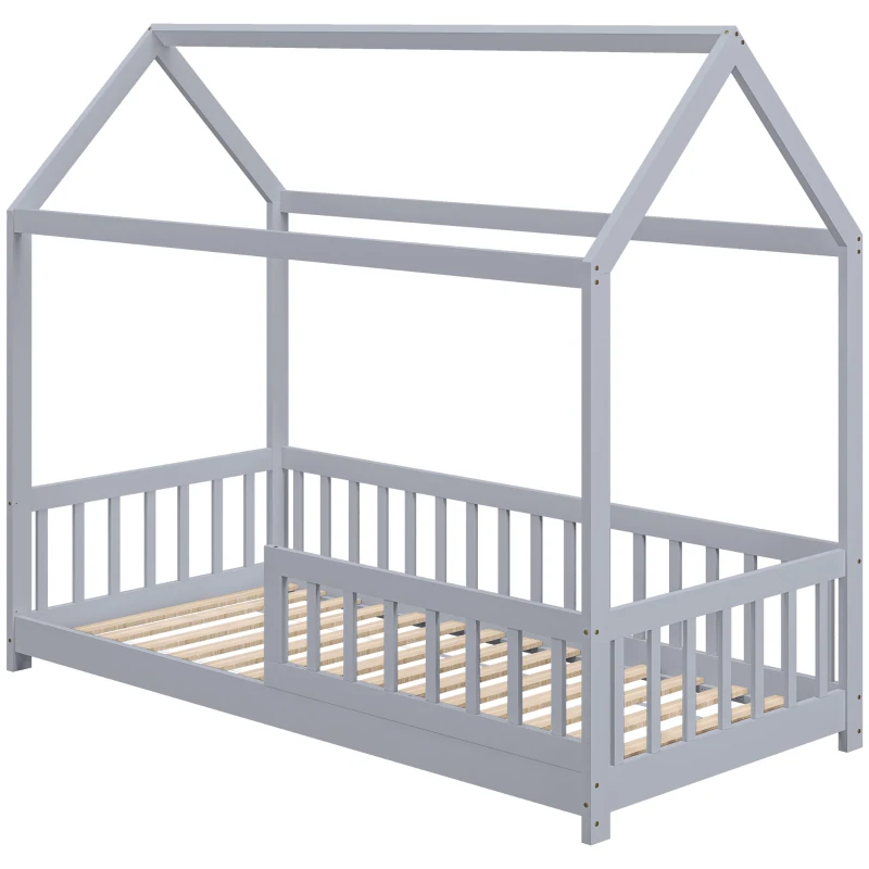 HOMCOM House-Shaped Kids Bed Frame with Guard Rails, Solid Pine Wood Single Bed Frame for Kids Boys and Girls, Grey