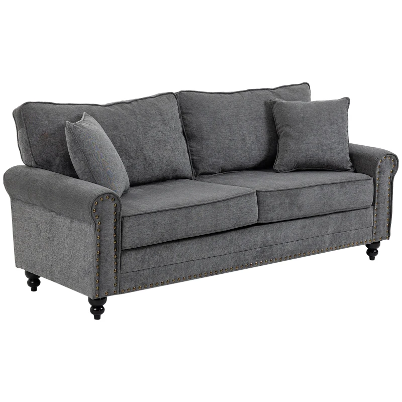 HOMCOM 196cm 3 Seater Sofa, Fabric Sofa with Rubber Wood Legs, Nailhead Trim, 2 Pillows, Small Upholstered Couch Settee for Living Room, Guest Room, Grey