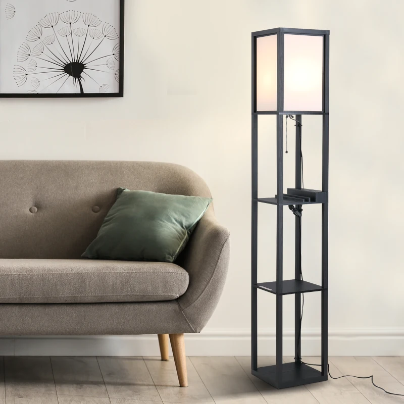 HOMCOM Lampada da Terra Moderna, Lampadina Illuminazione Interna Salvaspazio con Ripiani da Soggiorno Cotone, MDF 26 x 26 x 160 cm Nero e Bianco