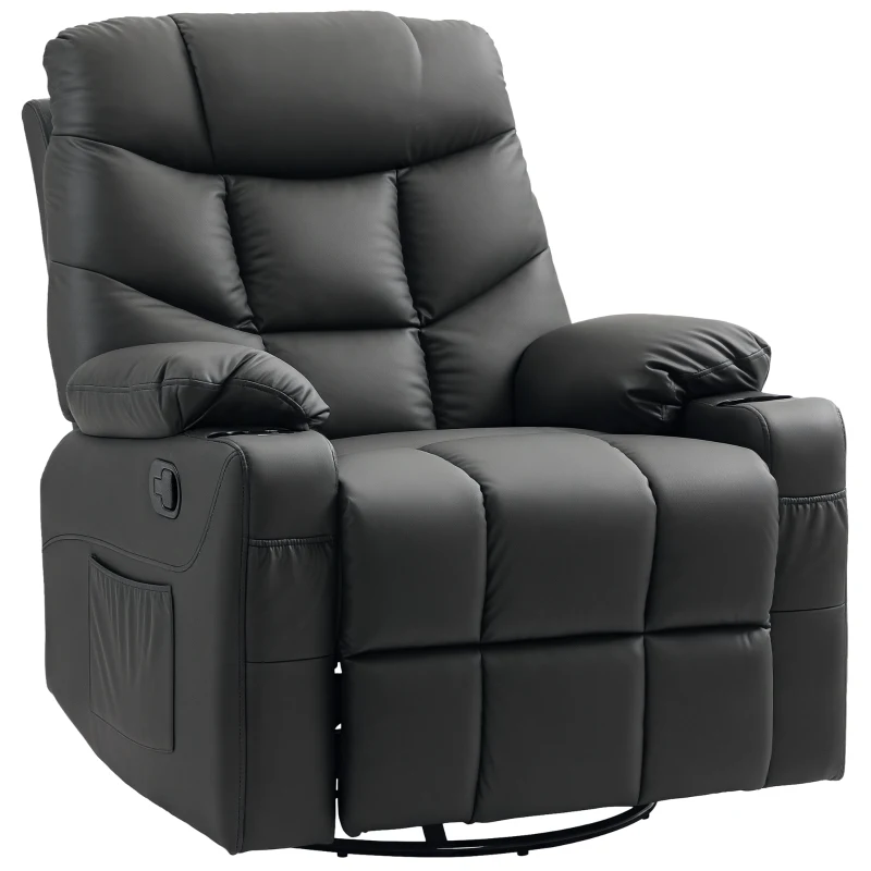 HOMCOM Manual Reclining Chair, Recliner Armchair with Swivel, Faux Leather, Footrest, Cup Holders, 86x93x102cm, Black