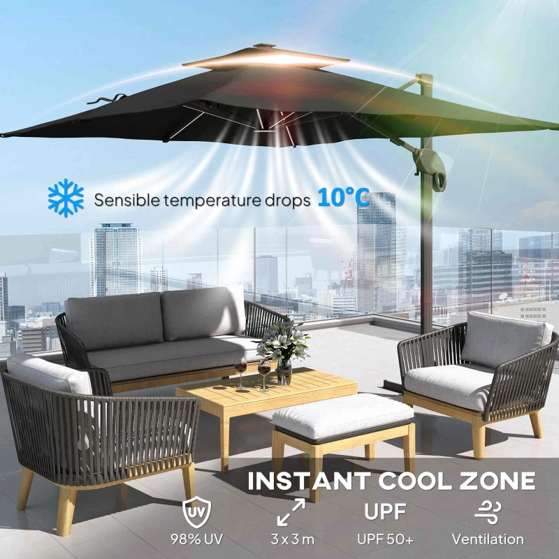 Outsunny 3 x 3(m) Aluminum Sun Square Canopy Top w/ Adjustable Pole Angle Dark Grey