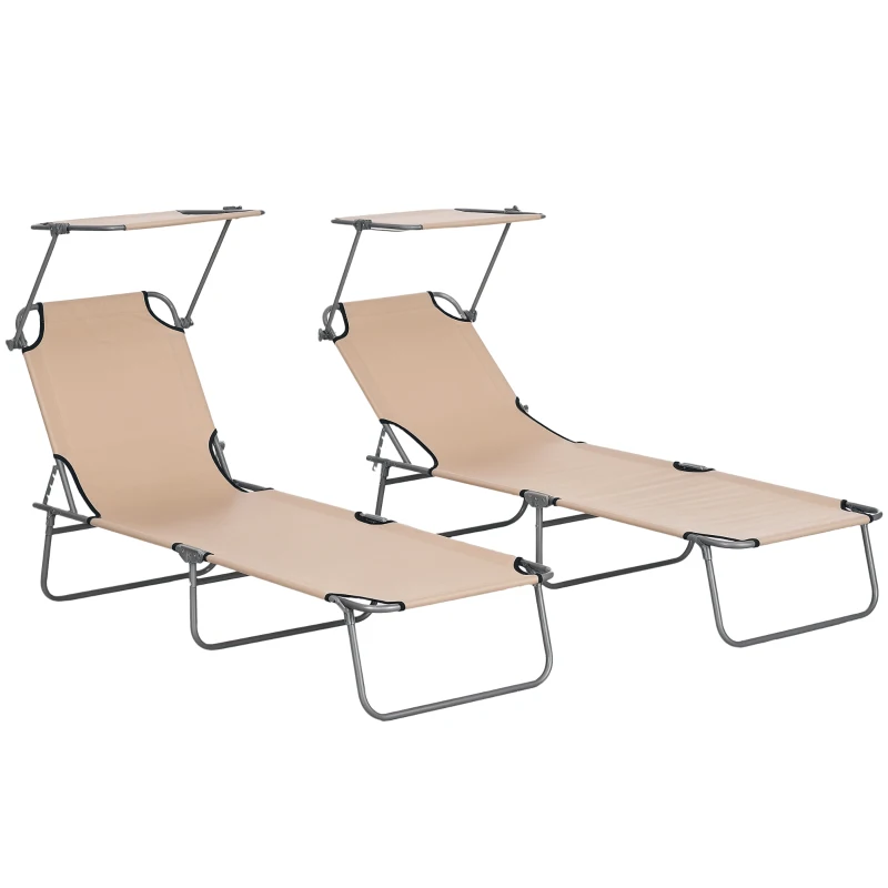 Outsunny Folding Sun Lounger Set of 2 with Canopy, Reclining Sunbed with 4-Position Adjustable Backrest, 600D Oxford Cloth, Portable Garden Lounger Recliner Chair for Beach, Camping, Patio, Sand