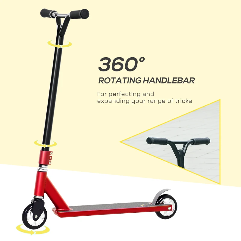 HOMCOM Stunt Scooter, 360° Entry Level Tricks Scooter w/ Lightweight Aluminium Deck and ABEC 7 Bearing, For Age 14+ Beginners, Red