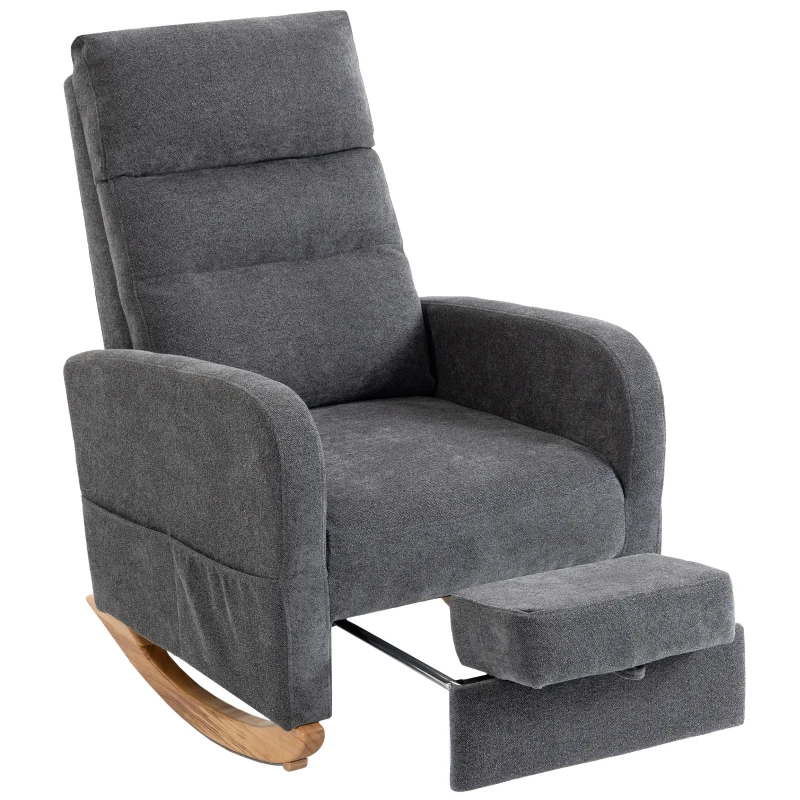 HOMCOM Upholstered Rocking Chair Retractable Footrest Rocker Chair High Back for Living Room Grey