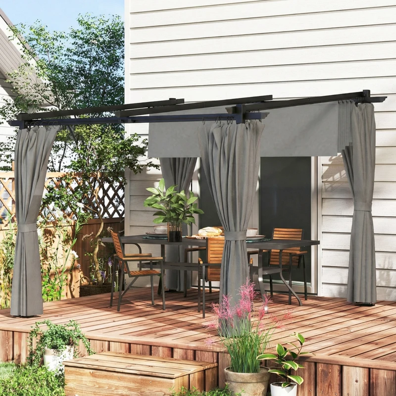Outsunny 3 x 3 m Retractable Roof Pergola, with Curtains - Light Grey