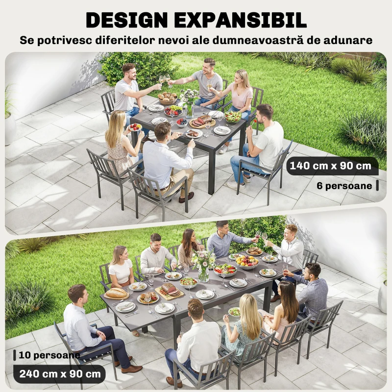 Outsunny Masă de Grădină Extensibilă pentru 8-10 Persoane cu Blat din Sticlă Temperată, din Aluminiu, 140/240x90 cm, Negru
