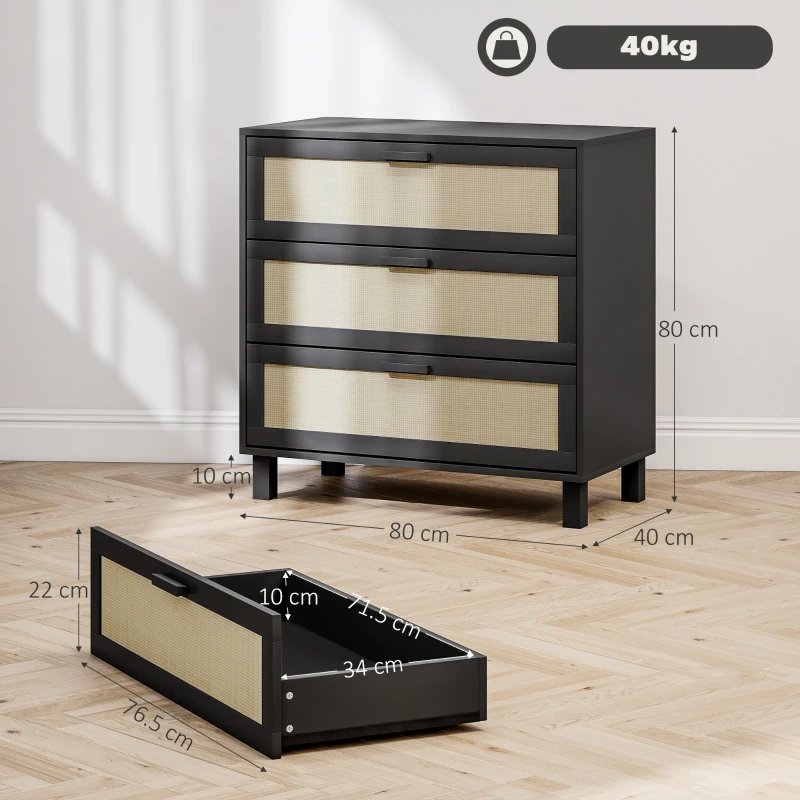 HOMCOM Rattan Bedroom Chest of Drawers, 3 Drawers Storage Unit, Boho Dresser for Living Room, Hallway, Black