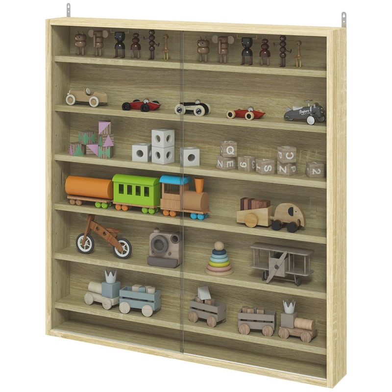 HOMCOM Six Shelf Display Cabinet, with Glass Doors - Oak