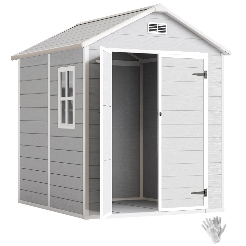 Outsunny 6 x 5ft Garden Shed, Plastic Shed with Floor, Window, Lockable Doors and Vents, Wood Effect Resin Tool Shed for Outdoor Patio, Light Grey