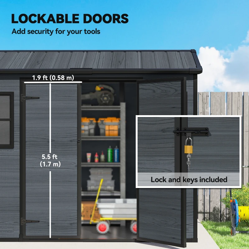 Outsunny 8 x 4 ft Resin Garden Shed, Wood-Effect Outdoor Storage Shed with Floor, Windows, Lockable Doors and Vents, Dark Grey