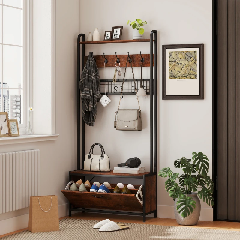 HOMCOM 5-In-1 Industrial-Style Hallway Tree - Brown/Black