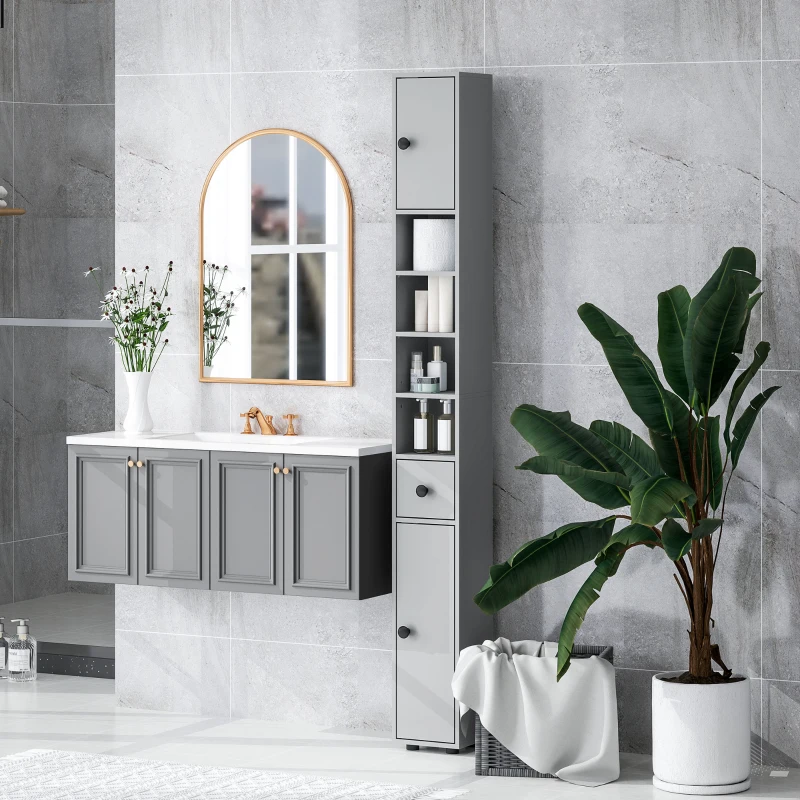 kleankin 180cm Slim Bathroom Cabinet, with Drawer, Shelves and Cupboards - Grey