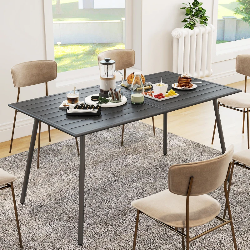 Outsunny Rectangle Garden Table with Slat Top, Steel Frame, Outdoor Table for 6 Person, 150 x 80 x 74 cm, Grey