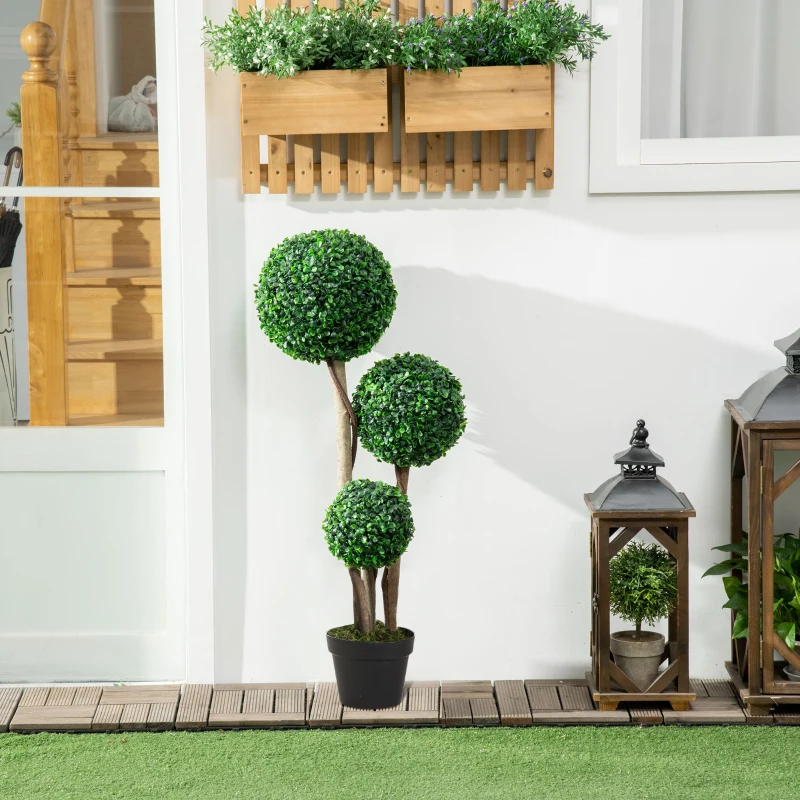 HOMCOM Decorative Artificial Tree Boxwood Ball Topiary Tree in Pot, Fake Plant for Home Indoor Outdoor Decor, 90 cm, Dark Green