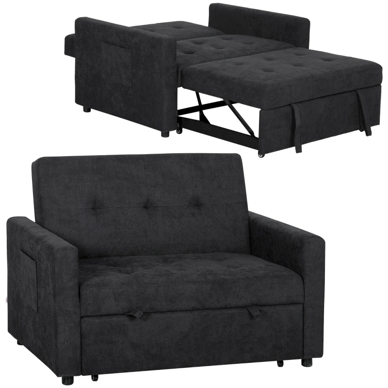 HOMCOM Loveseat Sofa Bed, Convertible Bed Settee with 2 Pillows, Side Pockets, Black
