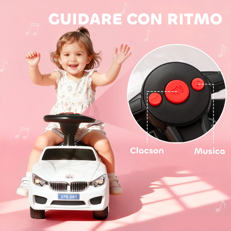 HOMCOM Macchinina per Bambini Cavalcabile con Volante, Fari e Musiche, Età 18-36 Mesi, Bianco