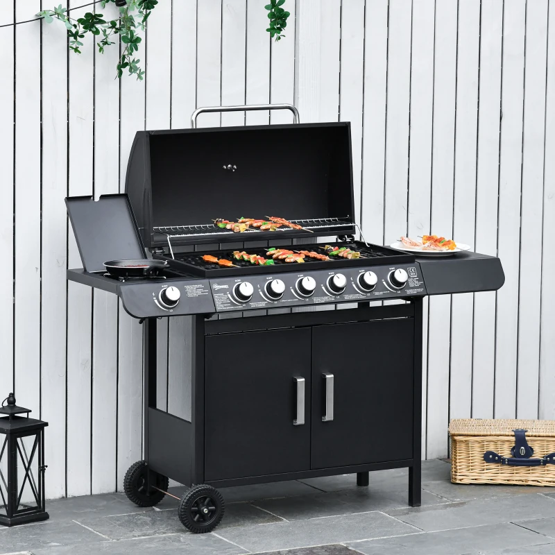Outsunny Barbecue a Gas con Coperchio, 7 Bruciatori da 20kW, Fornello Laterale e 2 Ruote, 135x50x100cm Nero