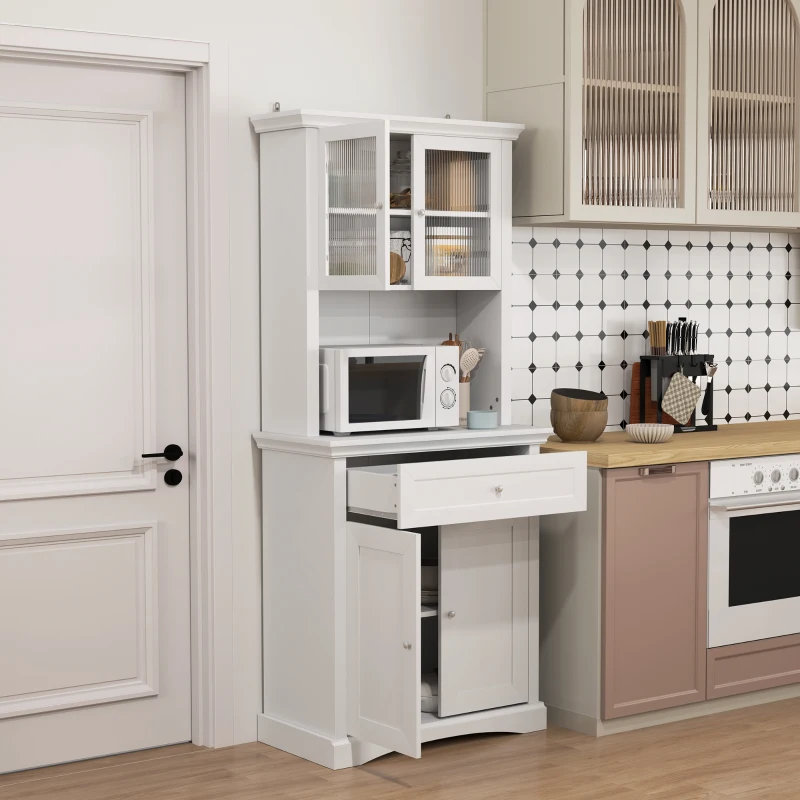 HOMCOM 4-Door Kitchen Cupboard with Drawer, Freestanding Kitchen Cabinet with Glass Doors, Adjustable Shelves and Open Counter, White