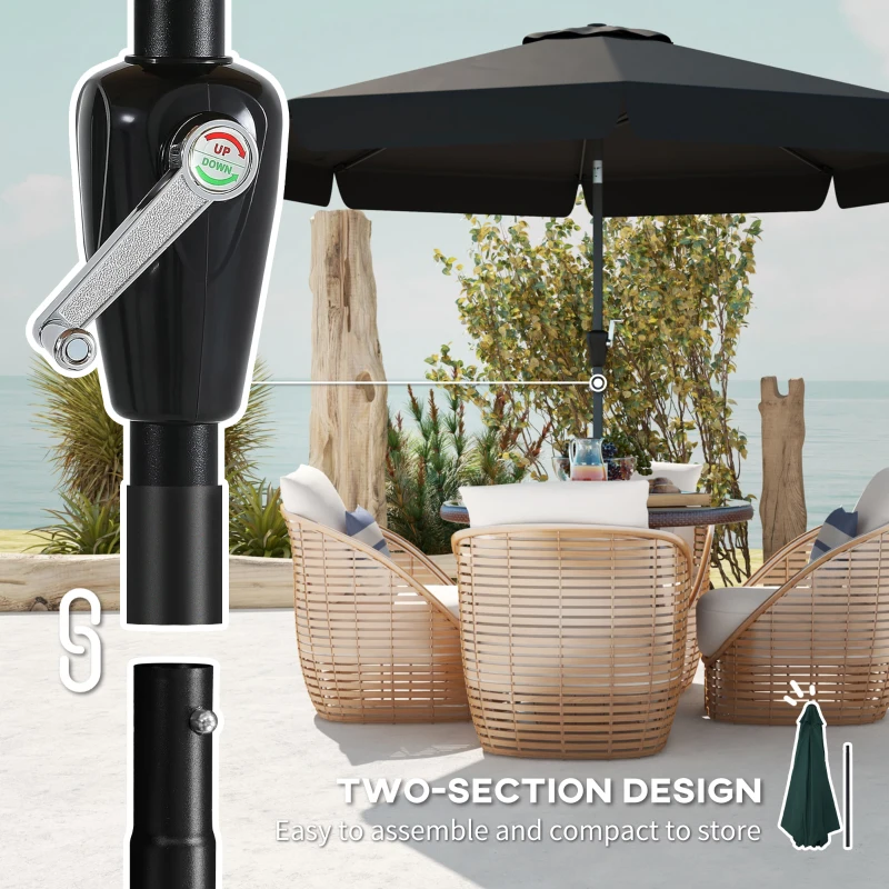 Outsunny 2.7m Patio Parasol Garden Umbrellas with Aluminium Pole, UPF 50+ Outdoor Sun Shade Table Umbrella with Tilt, Crank, 8 Ribs, Ruffles,, Black