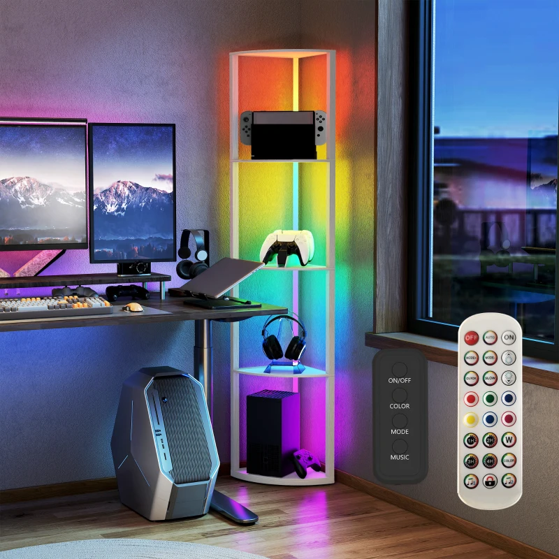 HOMCOM RGB LED Floor Lamp with Shelves, 5-Tier Dimmable Standing Lamp with Adjustable Brightness and Remote Control, Modern Corner Display Shelf Unit for Living Room Bedroom Office, Oak