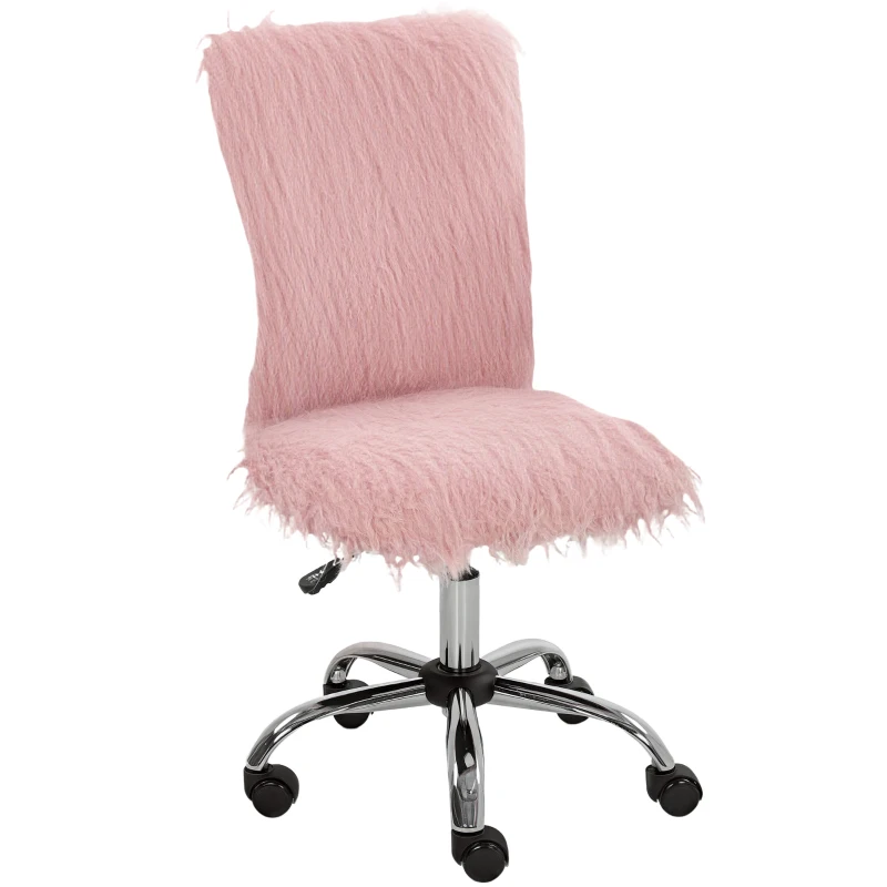 HOMCOM Plush Office Desk Chair, Modern Armless Swivel Vanity Chair with Adjustable Height for Home Office, Bedroom, Living Room, Pink