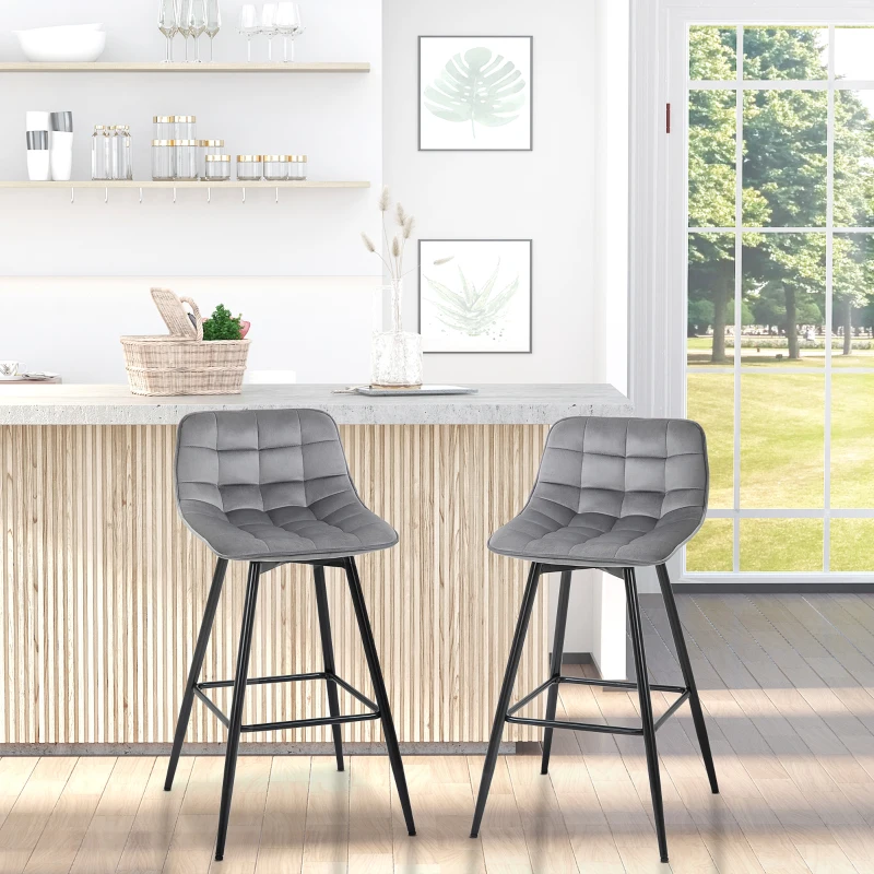 HOMCOM Set di 2 Sgabelli da Bar Effetto Velluto, Seduta Imbottita in Tessuto con Gambe in Metallo e Schienale, Grigio
