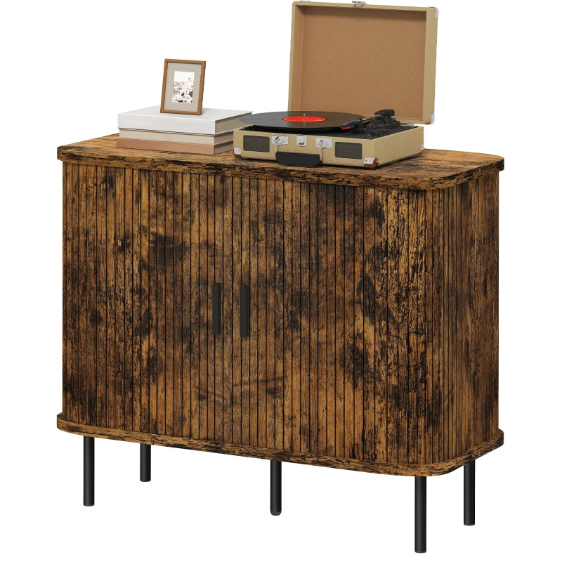 HOMCOM Mid-Century Modern Sideboard Storage Cabinet with Slatted Tambour Sliding Doors, Kitchen Cabinet with Steel Legs, Rustic Brown