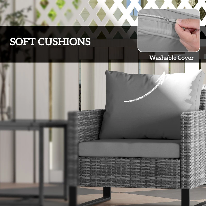 Outsunny 3 Pieces Rattan Bistro Set with 4 Cushions, Wicker Garden Furniture Set, Glass Top Coffee Table and Chairs for Outdoor Patio, Balcony, Terrace and Conservatory, Grey