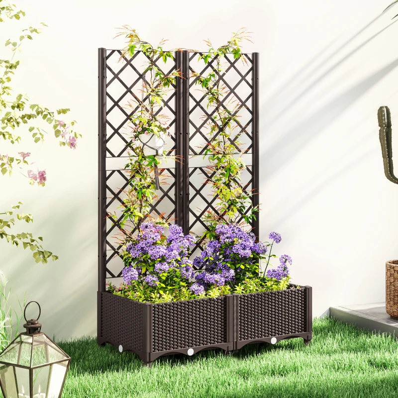 Outsunny Raised Garden Bed with Trellis, Plastic Planter Box with Drainage Holes, Drain Plugs and Water Reservoirs for Climbing Plants, Vegetables, Flowers, Brown