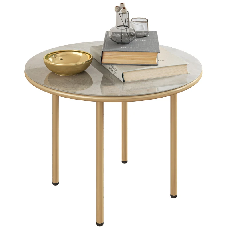 Outsunny Round Coffee Table, Modern End Side Table with Faux Marble Tempered Glass Top, Steel Frame for Living Room, Bedroom, Office, Beige