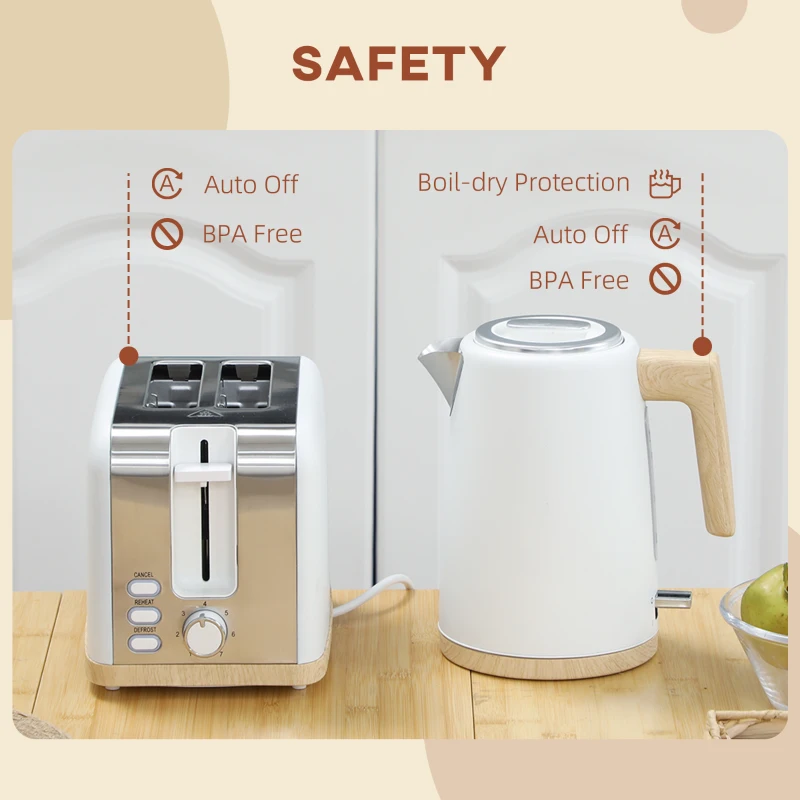 HOMCOM Stainless Steel Kettle and Toaster Set, 1.7L 3000W Fast Boil Kettle & 2 Slice Toaster Kitchen Set with 7 Level Browning Controls, Defrost, Reheat, Auto Off, Boil-dry Protection, White