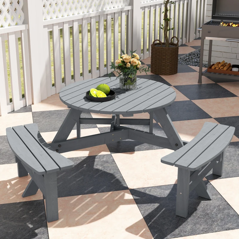 Outsunny Wooden Garden Dining Set, 6 Seater Round Dining Picnic Table with Matching Bench, Garden Furniture Set with Parasol Hole for Outdoor Patio Party and Family Gatherings, Grey