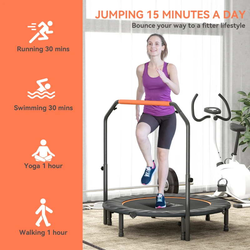 HOMCOM 48" Foldable Mini Fitness Trampoline, with Adjustable Foam Handle, Orange