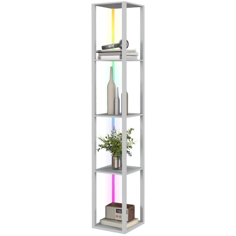 HOMCOM RGB LED Floor Lamp with Shelves, Modern Dimmable Standing Lamp with Remote Control, Adjustable Brightness & Speed for Living Room, Bedroom, Office, Grey