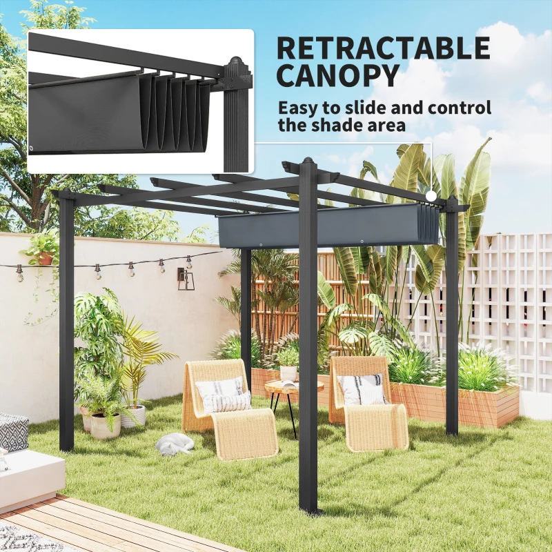 Outsunny 3 x 3m Aluminium Pergola, with Retractable Roof - Dark Grey