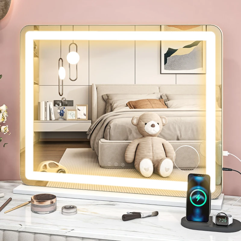 HOMCOM Vanity Mirror with Lights, Large 80x62 cm Lighted Makeup Mirror with 3 Colour, 10X Magnifying, USB Charging Port, Touch Screen, Tabletop or Wall Mounted Design, White