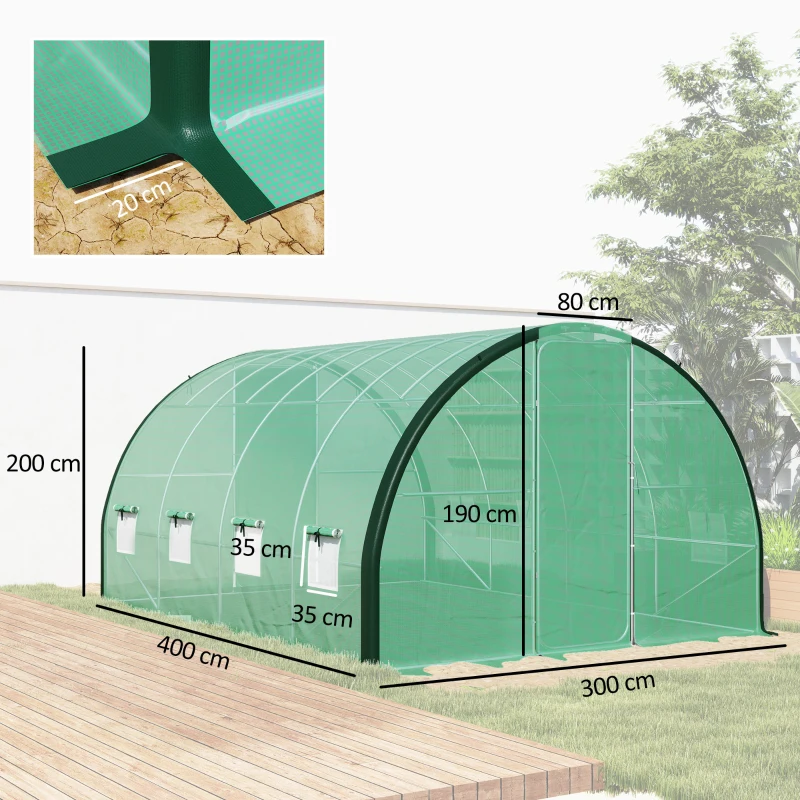 Outsunny 4 x 3 m Polytunnel Greenhouse, with Windows and Doors - Green