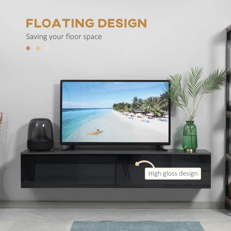HOMCOM 160cm High Gloss Floating TV Unit Stand for TVs up to 70", Wall Mounted TV Cabinet with Storage Cupboards, Grey and Black