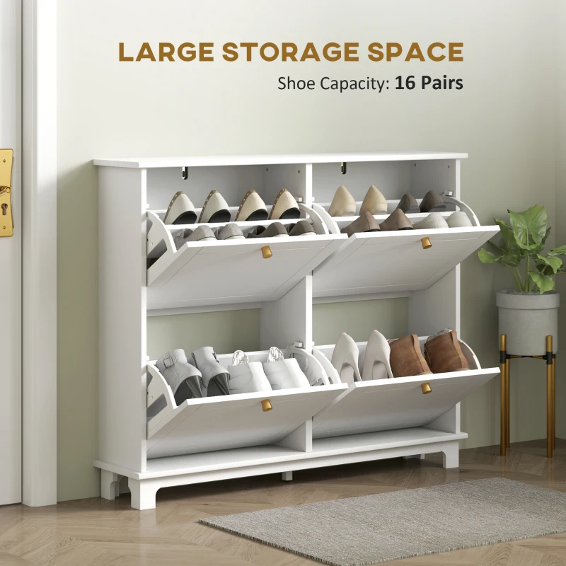 HOMCOM Narrow Shoe Storage Cabinet, Slim Shoe Cabinet with 4 Flip Drawers, Adjustable Shelves for 16 Pairs of Shoes, White