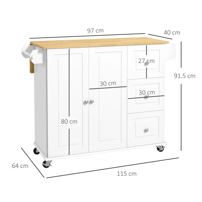 HOMCOM Kitchen Island with Drop Leaf, Rolling Kitchen Storage Trolley on Wheels with 3 Drawers, Spice Rack and Towel Rack, Storage Cart with Rubber Wood Top, White