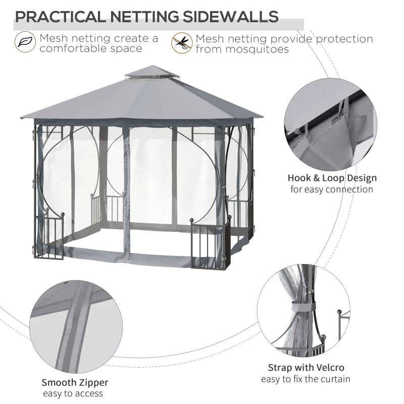 Outsunny 3 x 3m Garden Gazebo Patio Party Tent Shelter Outdoor Canopy Double Tier Sun Shade with Metal Frame and Netting, Light Grey