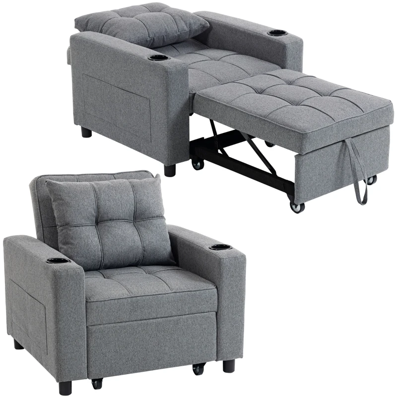 HOMCOM 3-in-1 Single Sofa Bed, Convertible Sleeper Chair Bed - Dark Grey