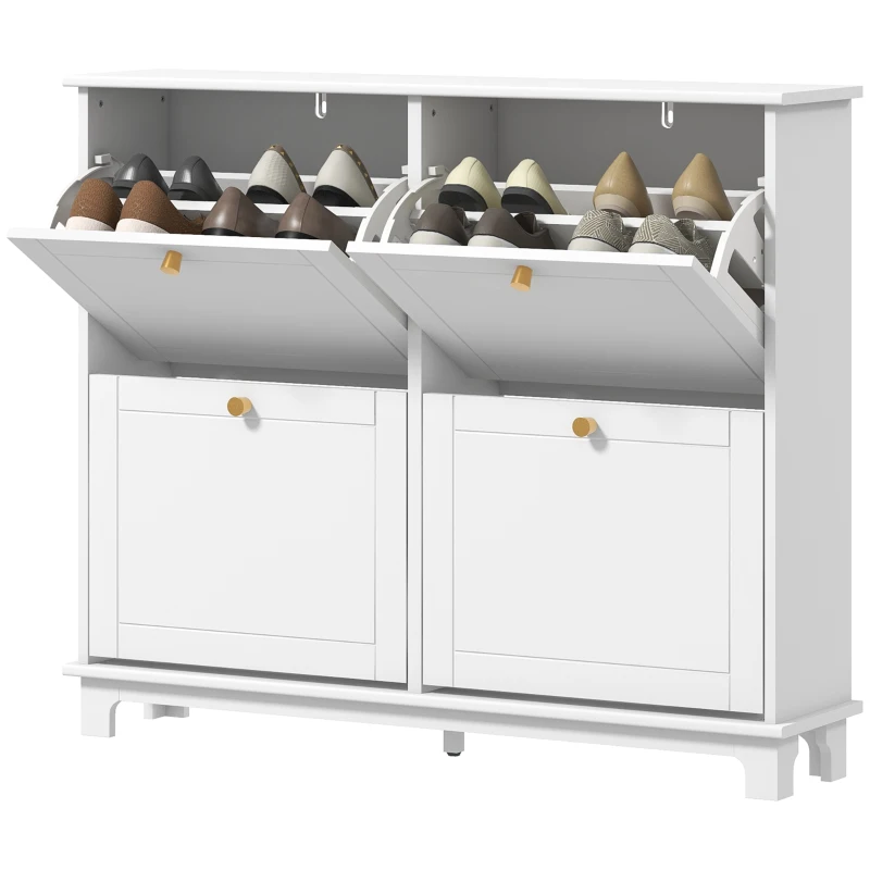 HOMCOM Narrow Shoe Storage Cabinet, Slim Shoe Cabinet with 4 Flip Drawers, Adjustable Shelves for 16 Pairs of Shoes, White