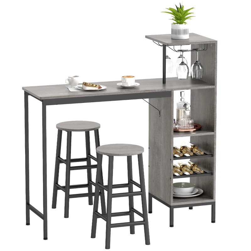 HOMCOM 3 Pieces Dining Room Set, 2 Round Stools with Footrest, 6-Tier Dining Table with Storage Shelves, Natural