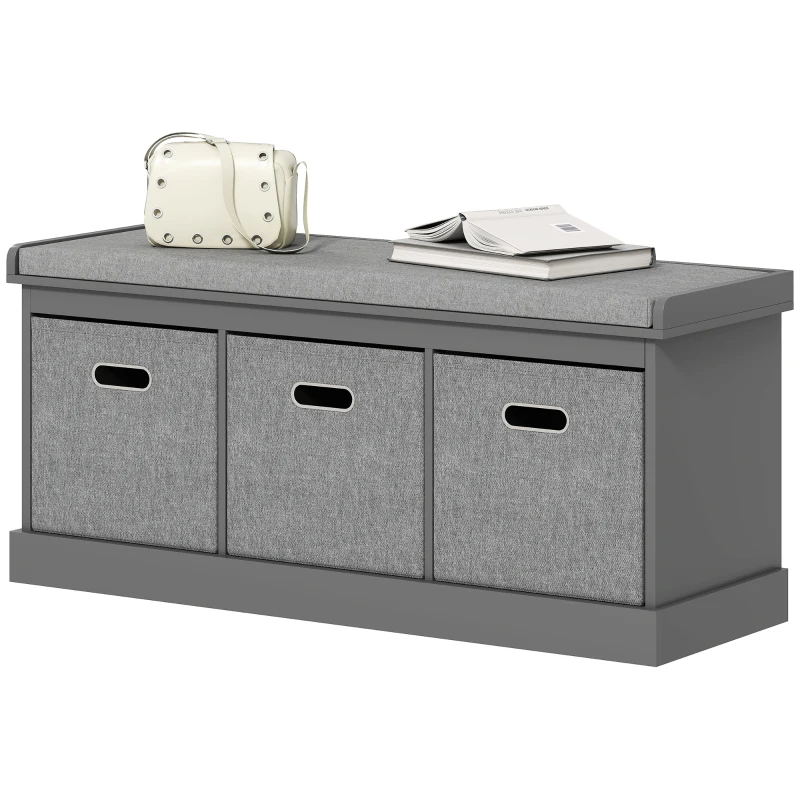 HOMCOM Three-Drawer Shoe Storage Bench, with Padded Top Seat - Grey