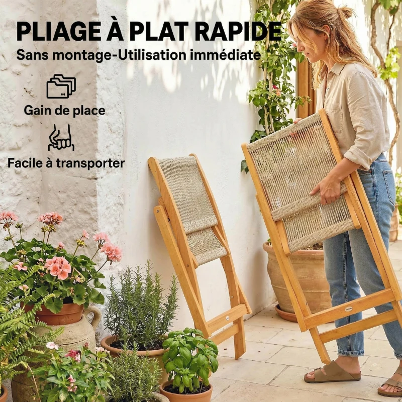 Outsunny Lot de 2 Chaises de Jardin Pliantes Chaises de Balcon en Bois d'Acacia FSC Assise en Corde Tressée Naturel et Beige
