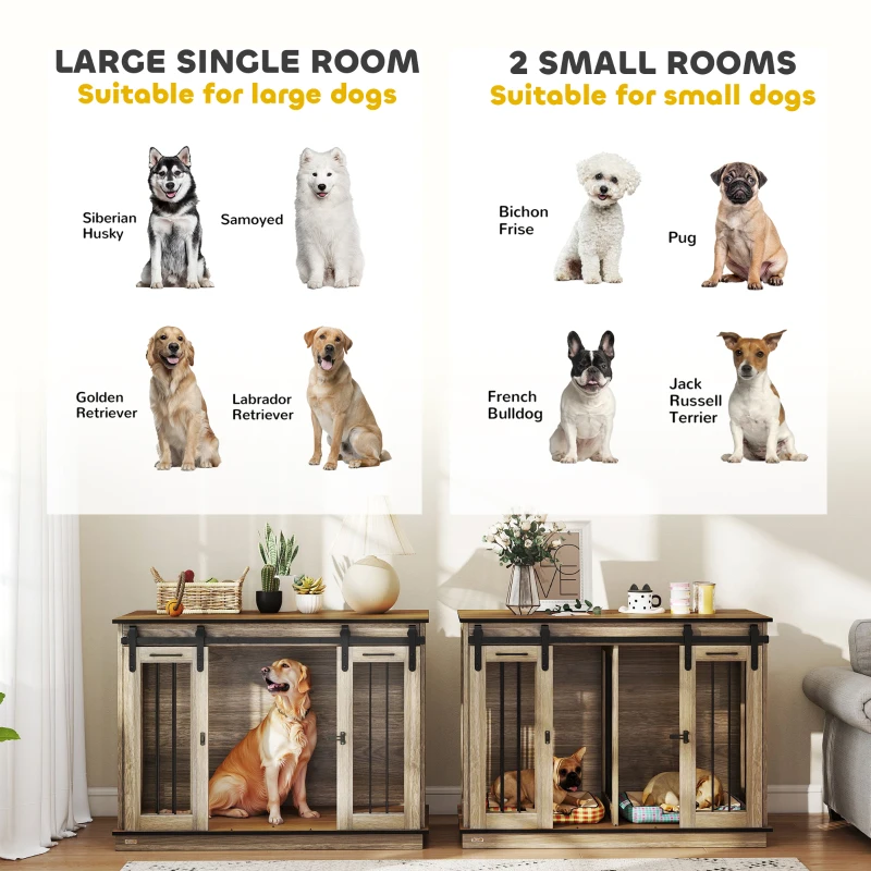 PawHut Dog Crate Furniture for Large Dogs, Double Dog Cage for Small Dogs w/ Sliding Doors, Oak Tone